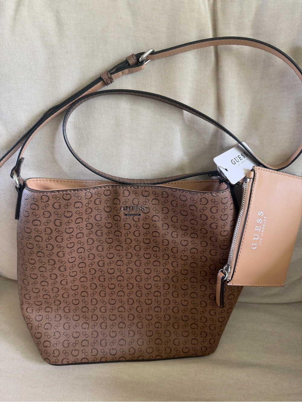 GUESS Tan/Brown Logo-Print Shoulder Bag with Zip Pouch